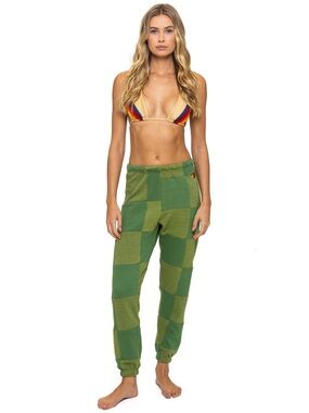 Aviator Nation NWT CHECK QUILTED SWEATPANTS - JUNGLE GREEN // PALM